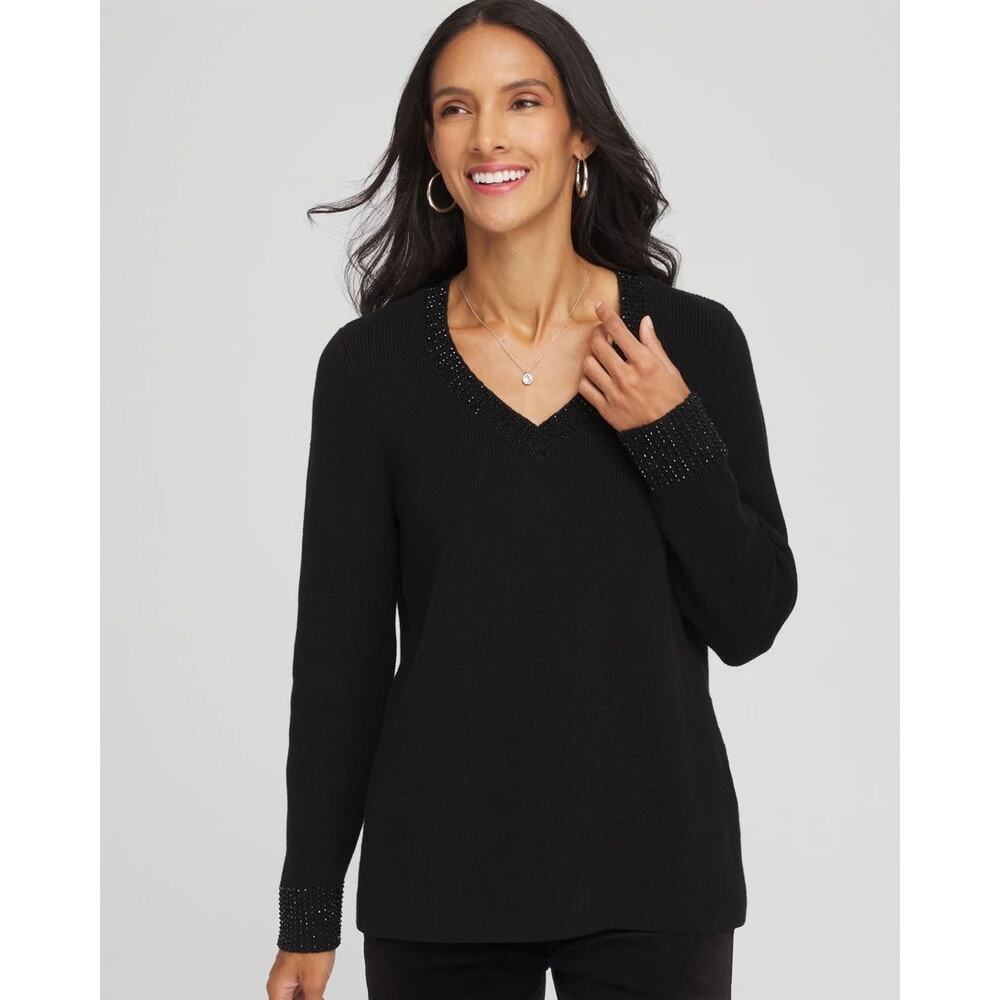 Chico's Tunic‎ Sweater Women's XXL Black Embellished V Neck Feminine Beaded